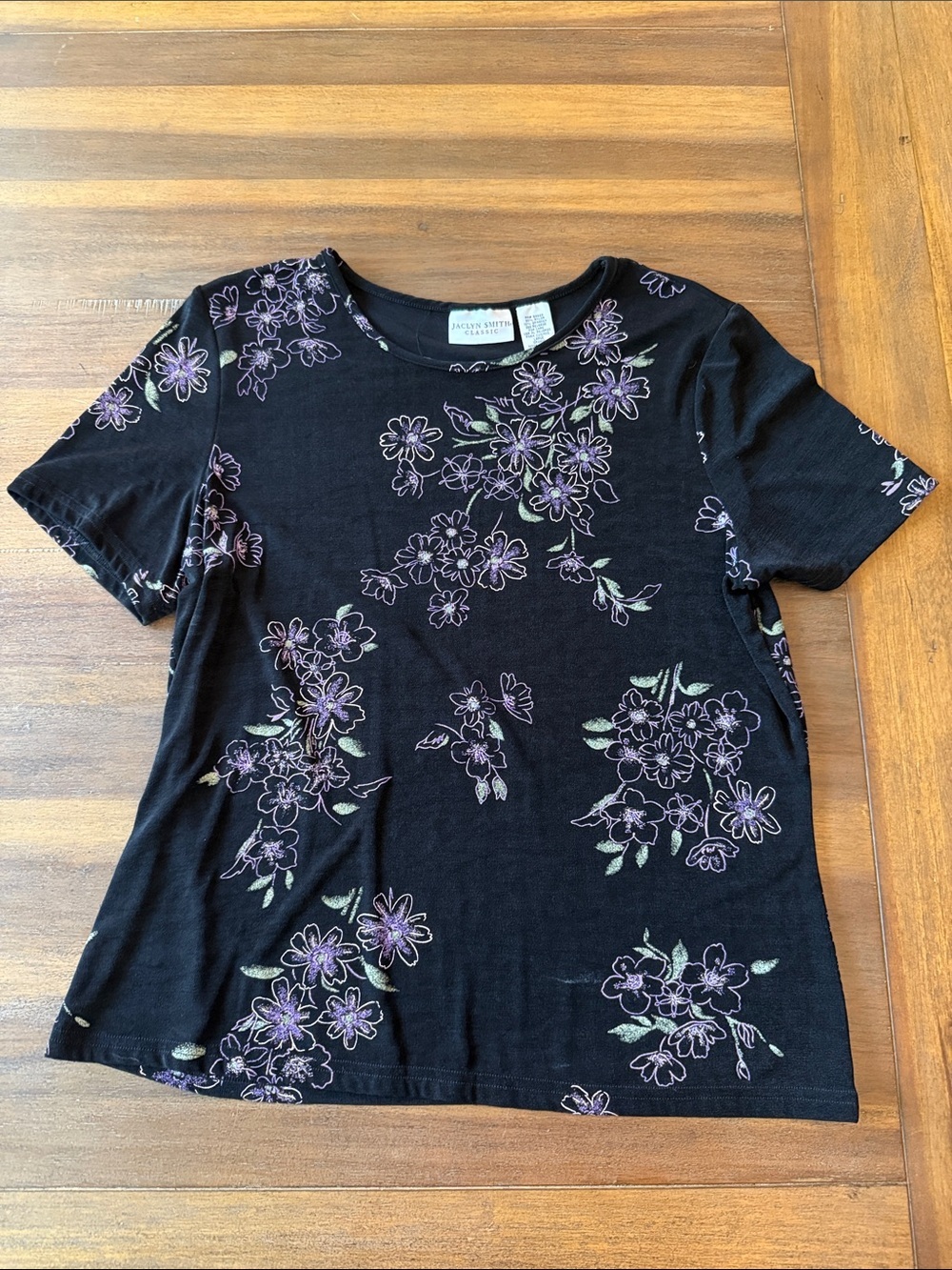 Jaclyn Smith Black Short-Sleeve Tee with Lace Trim